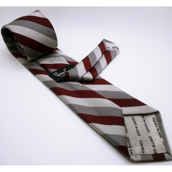 Pierre Cardin Paris New York Men's Tie Burgundy Gray Stripes Logo 60" L x 3.25"W - Picture 6 of 13